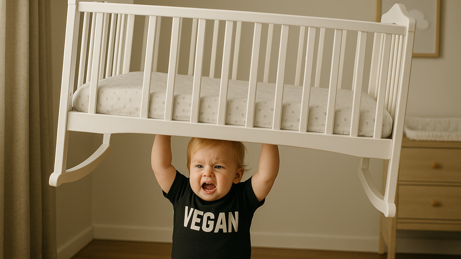 Determined toddler in a black 'VEGAN' shirt lifts a white crib overhead in a nursery room, humorously showcasing incredible strength inspired by a plant-based lifestyle.