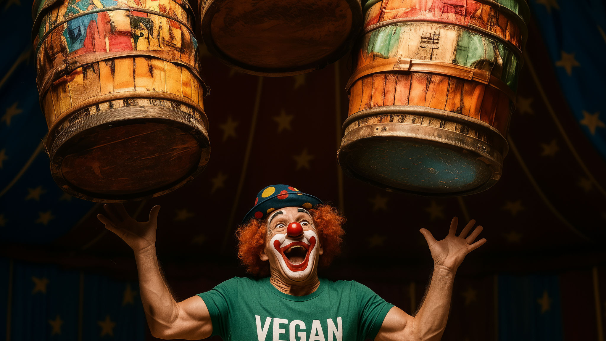 Excited circus clown wearing a green 'VEGAN' shirt balances two large colorful barrels in a big top tent, blending humor with plant-based lifestyle promotion.