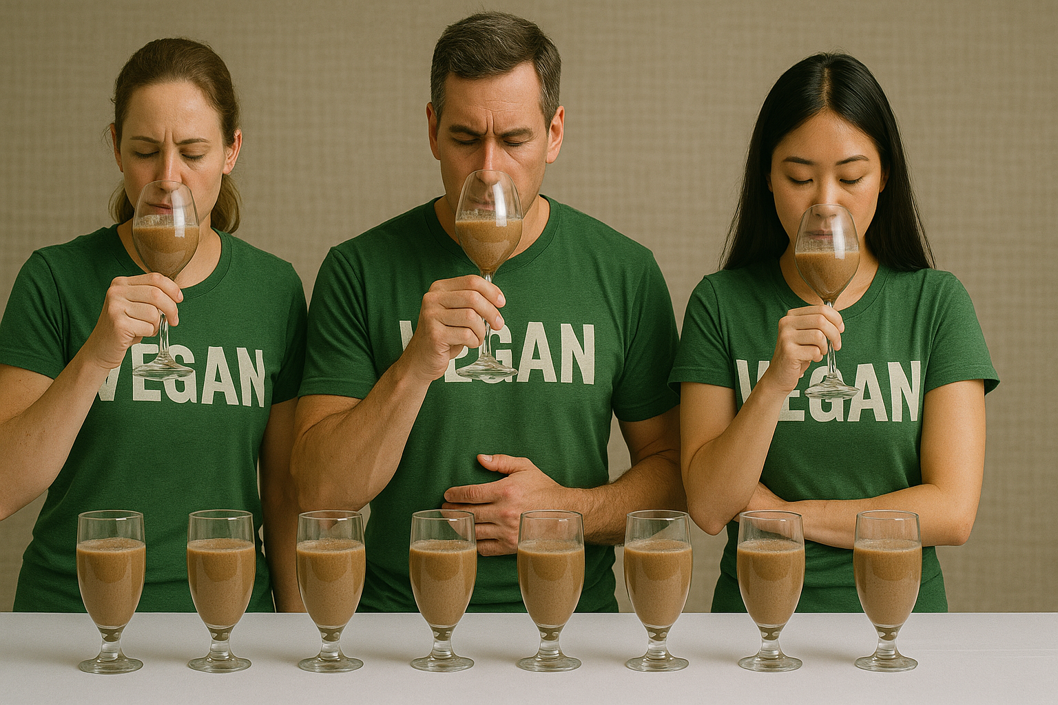 Three people wearing green 'VEGAN' shirts carefully smell glasses of chocolate vegan protein shakes lined up on a table, suggesting a taste test or comparison of plant-based beverages.