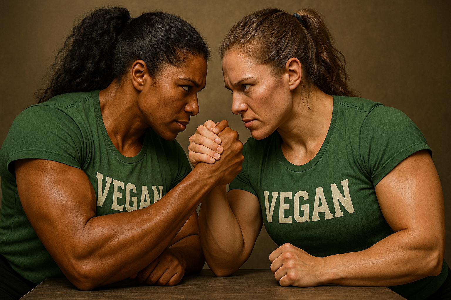 Two muscular women in green 'VEGAN' shirts locked in an intense arm wrestling match, symbolizing plant-based strength, determination, and empowerment.