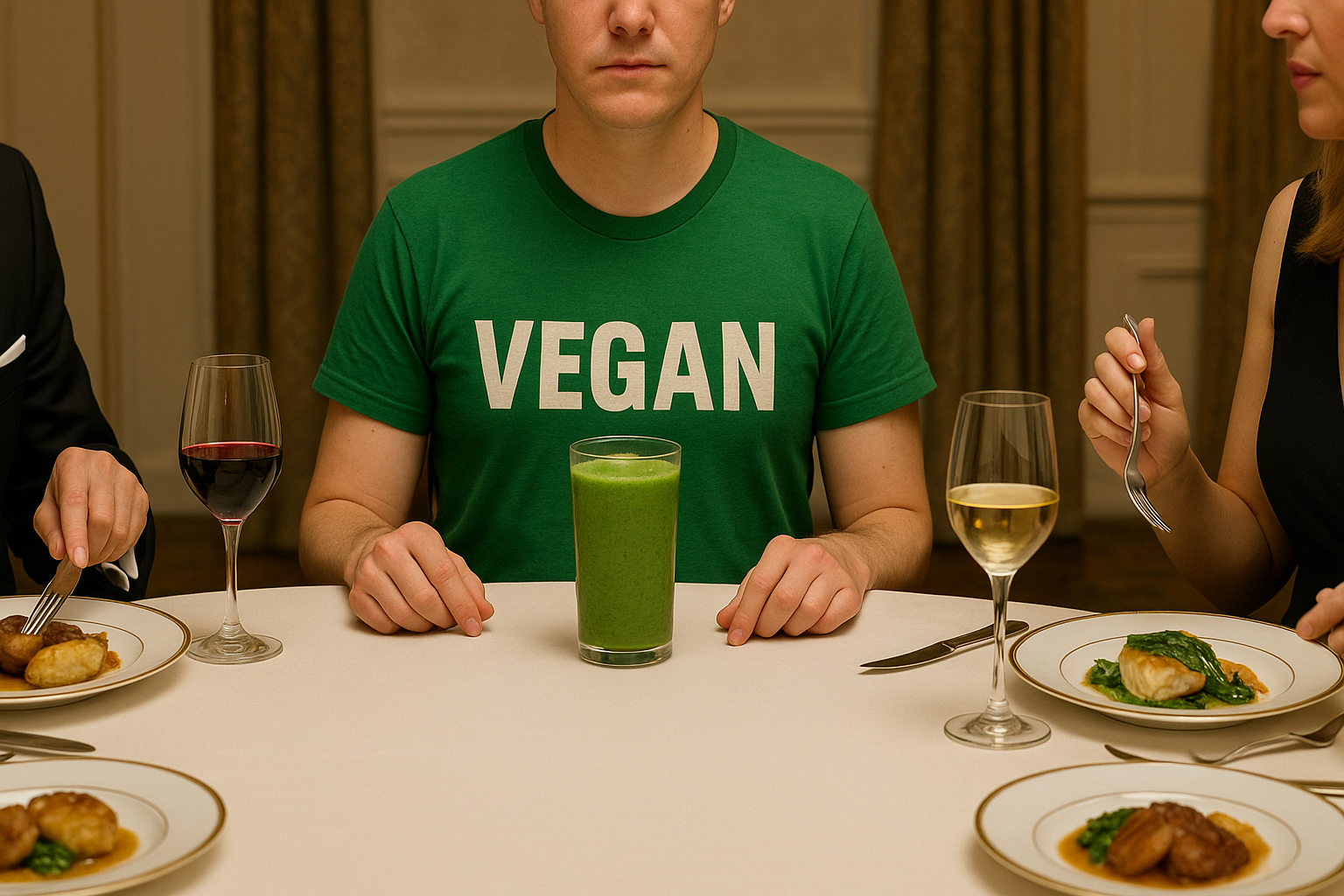 Man in a green 'VEGAN' shirt sits at a formal dinner table with a green smoothie while others eat meat dishes and drink wine, highlighting dietary contrast and plant-based lifestyle choice.
