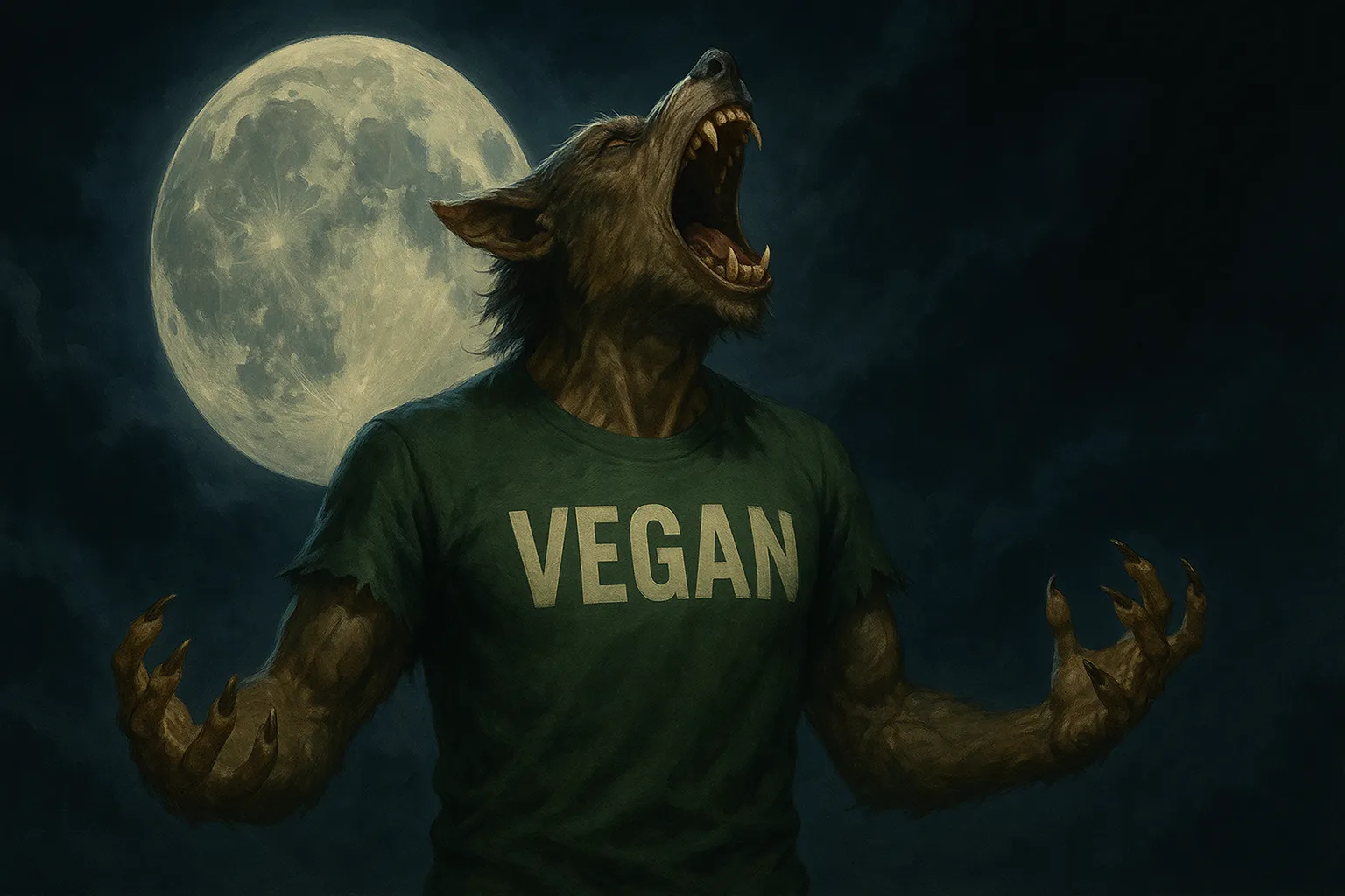 Werewolf wearing vegan t-shirt howling at full moon in night sky, representing plant-based strength, transformation, and ethical living.
