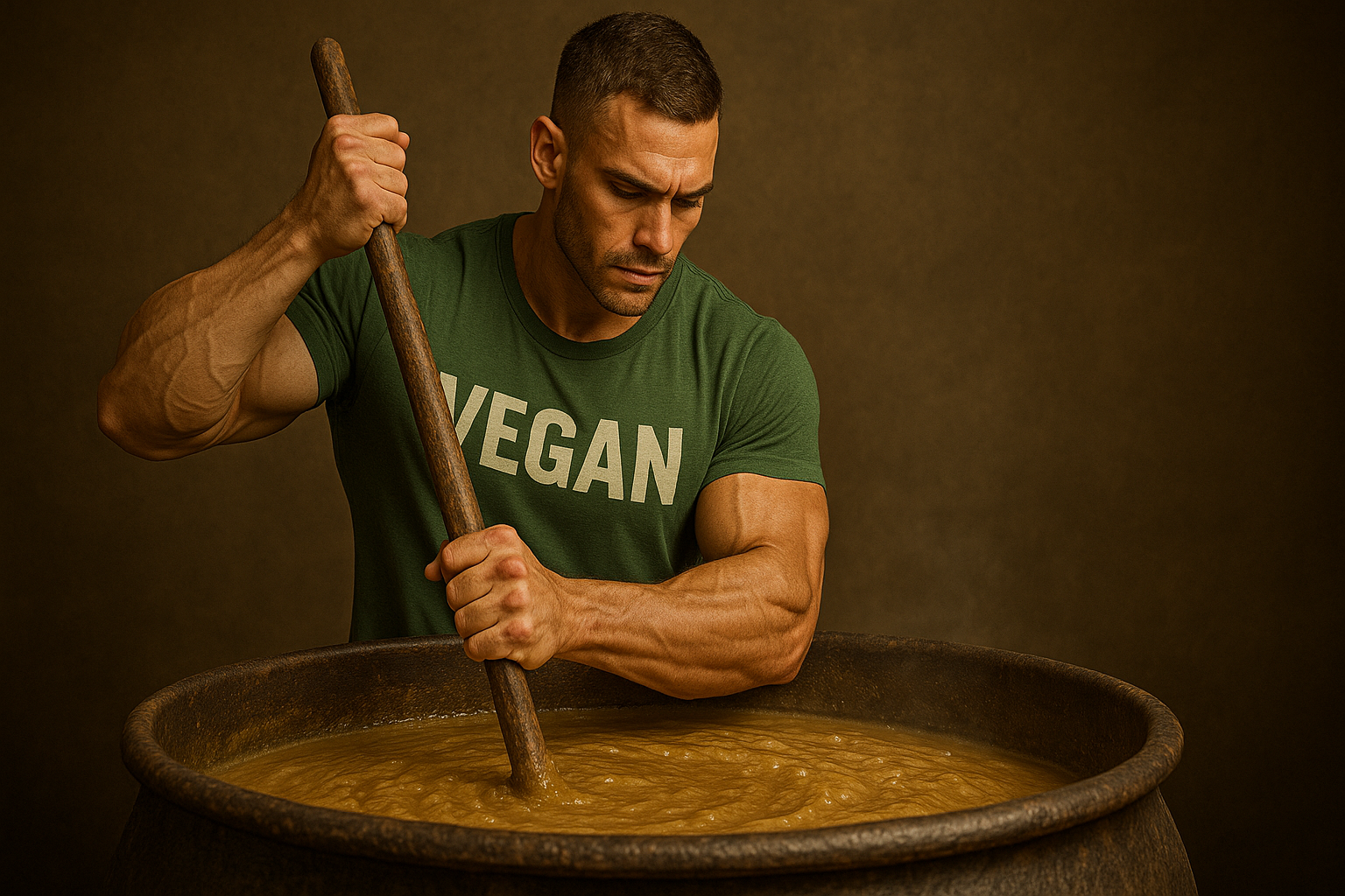 Muscular man in a green 'VEGAN' shirt intensely stirs a massive cauldron of thick plant-based stew with a large wooden stick, symbolizing strength, dedication, and vegan cooking.