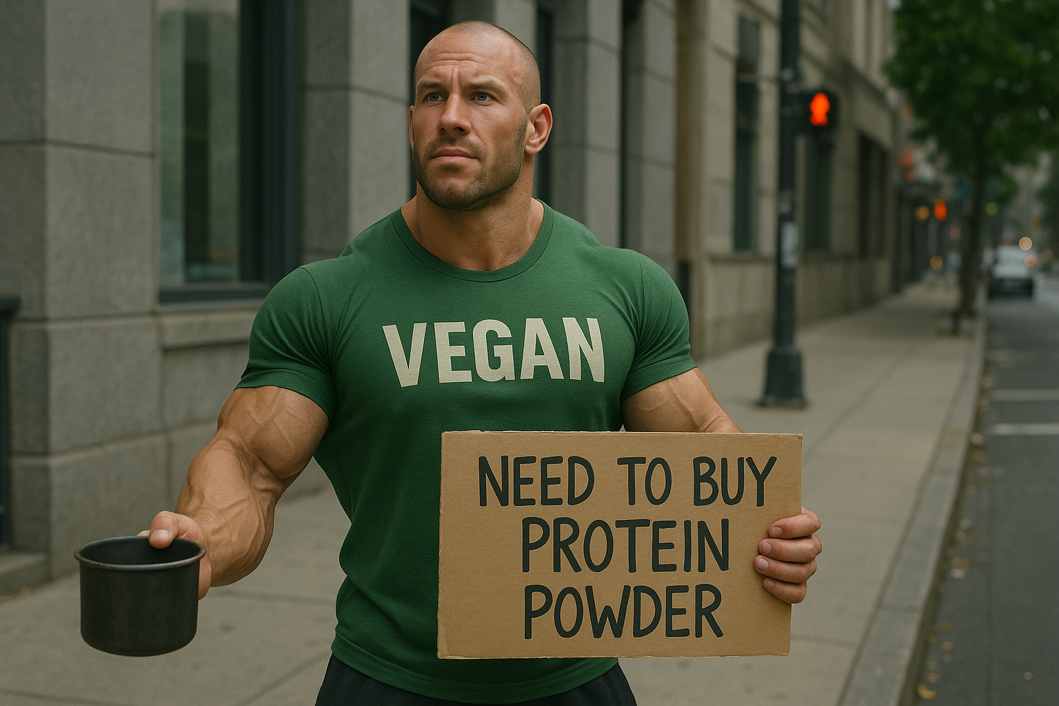 A muscular man wearing a green t-shirt labeled 'VEGAN' stands on a city sidewalk holding a cardboard sign that reads 'NEED TO BUY PROTEIN POWDER' in one hand and a metal cup in the other.