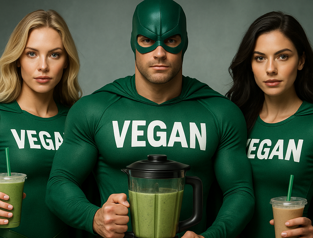 Vegan superheroes with assortment of protein powder tubs and scoops – Best Vegan Protein Powders 2025