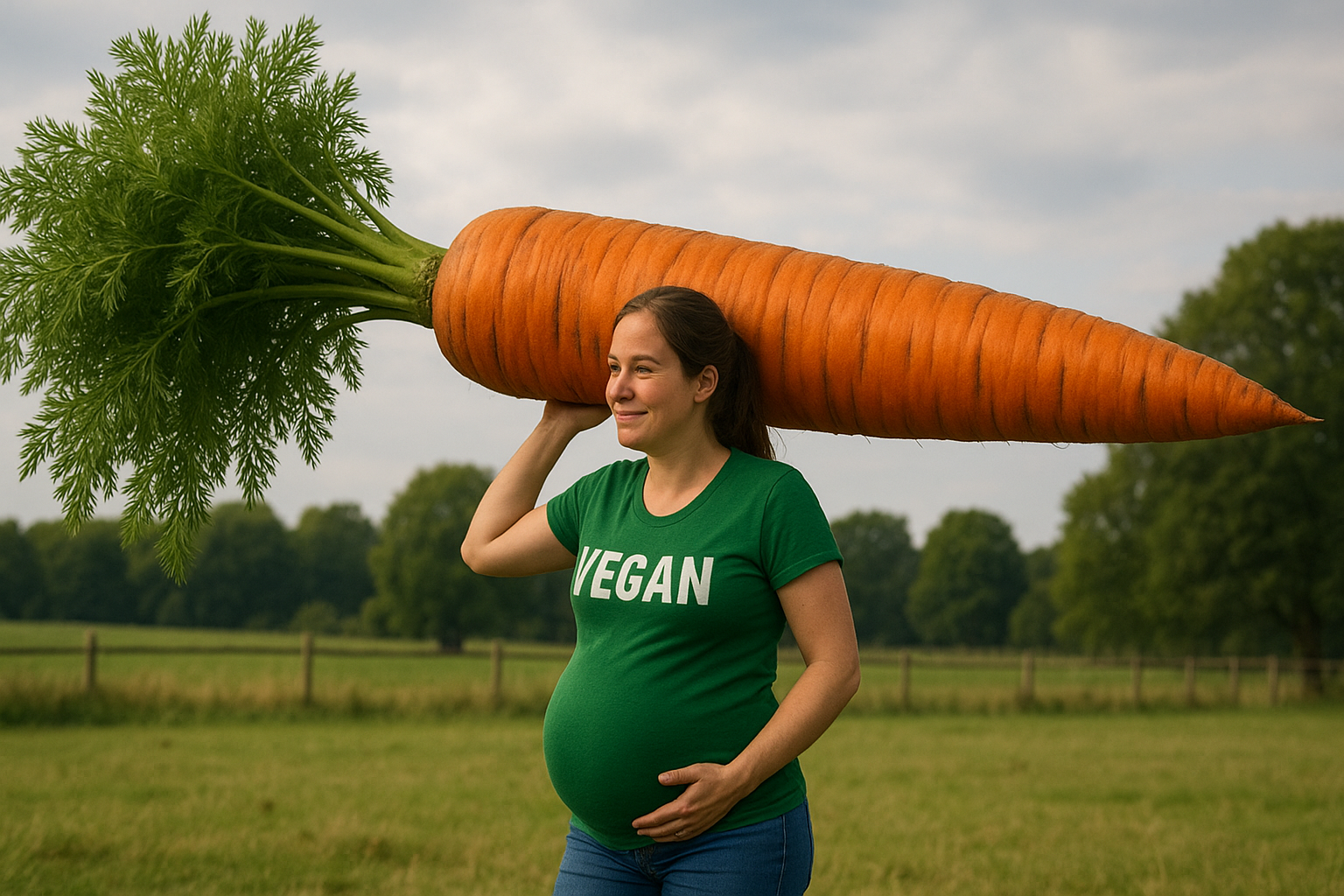 Smiling pregnant woman in a green 'VEGAN' shirt stands in a grassy field holding an enormous carrot over her shoulder, symbolizing plant-based nutrition and healthy pregnancy.
