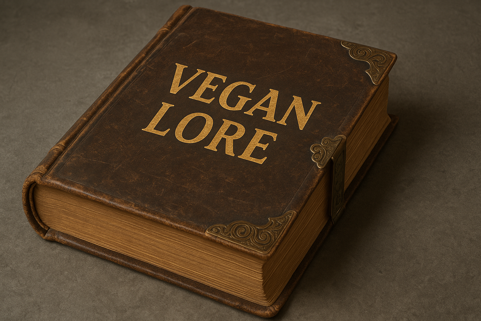 Large antique leather-bound book with ornate metal corners and the gold-embossed title 'VEGAN LORE' on the cover, symbolizing plant-based wisdom, history, and tradition.