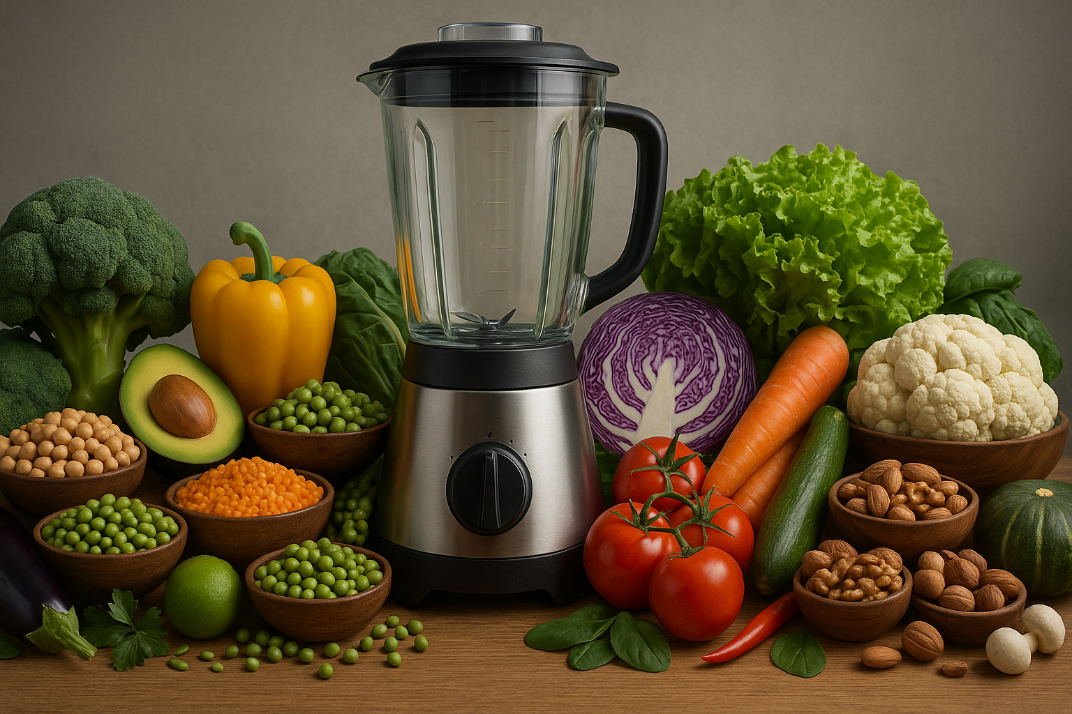 A countertop blender surrounded by a colorful assortment of fresh vegetables, legumes, nuts, and seeds including broccoli, bell pepper, avocado, tomatoes, carrots, peas, cabbage, cauliflower, and almonds