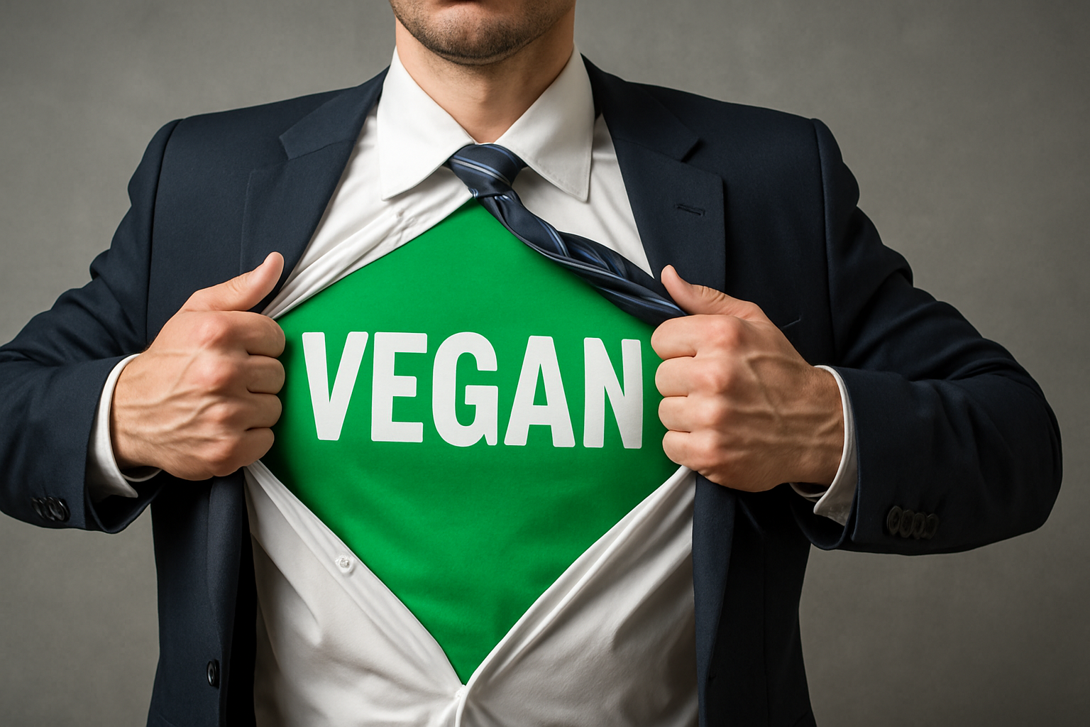 A man in a business suit pulls open his shirt and tie to reveal a green undershirt with the word 'VEGAN' printed in bold white letters, resembling a superhero reveal.