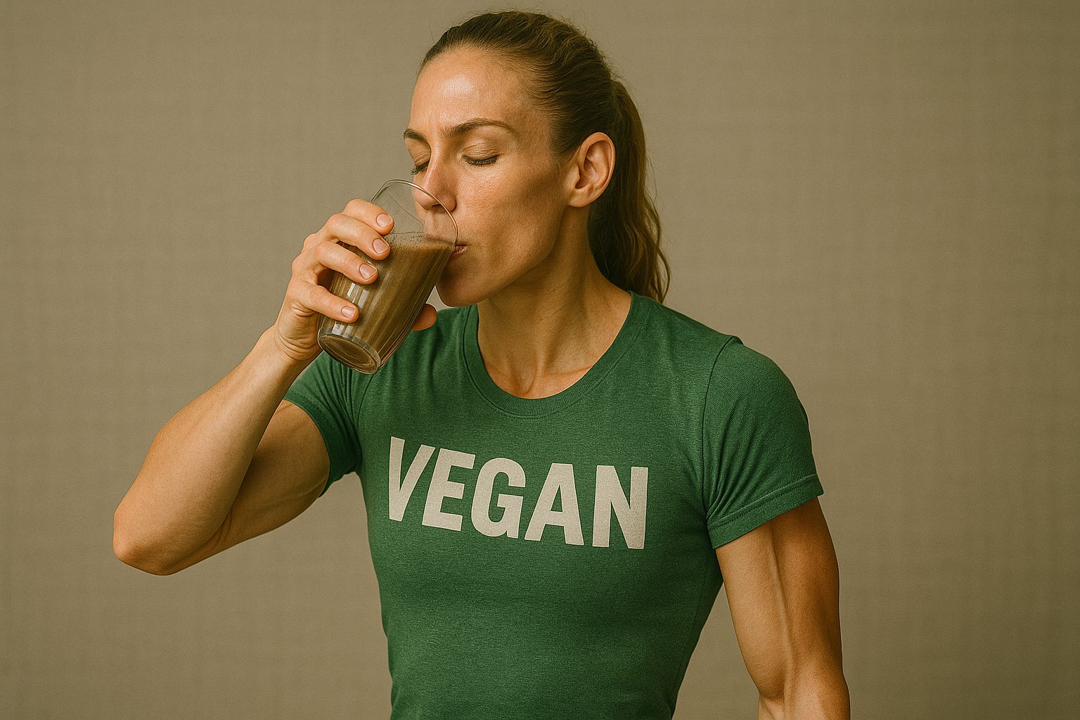 Fit woman in a green 'VEGAN' shirt drinking a chocolate protein smoothie from a glass, promoting plant-based nutrition and active lifestyle.