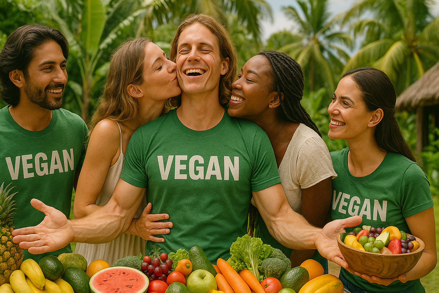 Happy group of diverse vegan friends wearing green 'VEGAN' shirts, smiling and surrounded by colorful fresh fruits and vegetables in a tropical outdoor setting, promoting plant-based lifestyle and community.