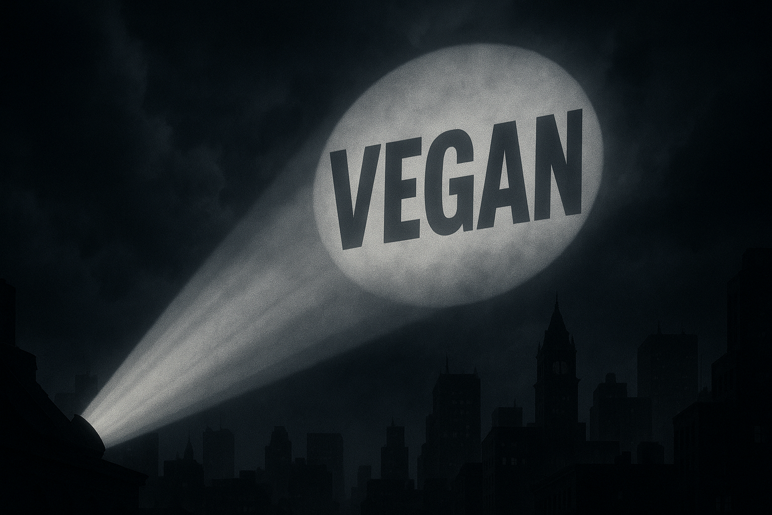 Dark city skyline at night with a large spotlight projecting the word 'VEGAN' into the cloudy sky, resembling a superhero signal promoting plant-based awareness.