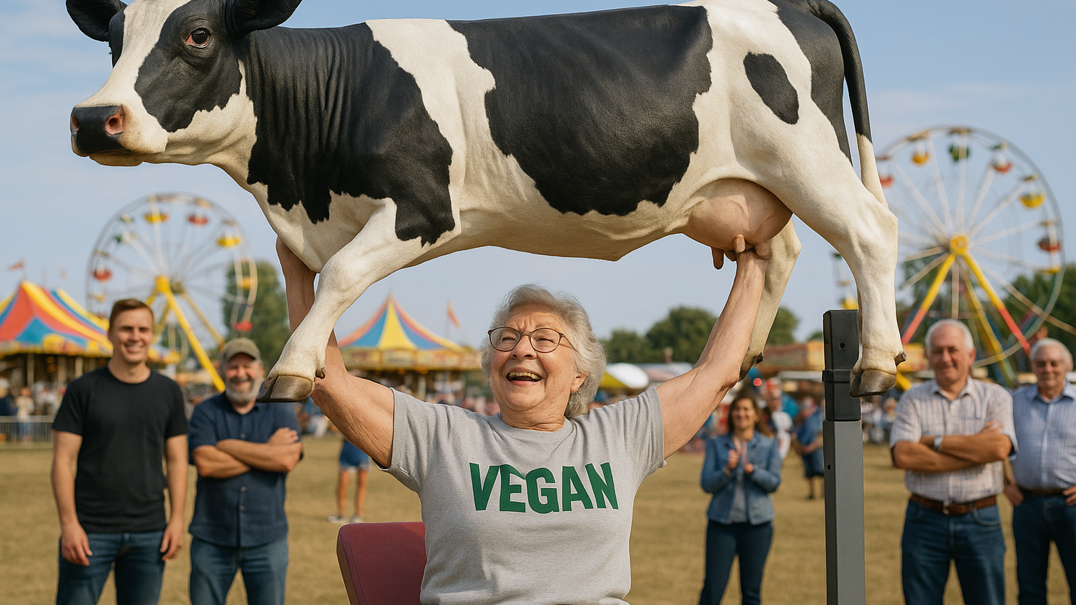 Smiling elderly woman in a gray 'VEGAN' shirt lifts a life-size cow model overhead at a fairground, impressing a cheerful crowd with Ferris wheels and colorful tents in the background, symbolizing strength and plant-based advocacy.