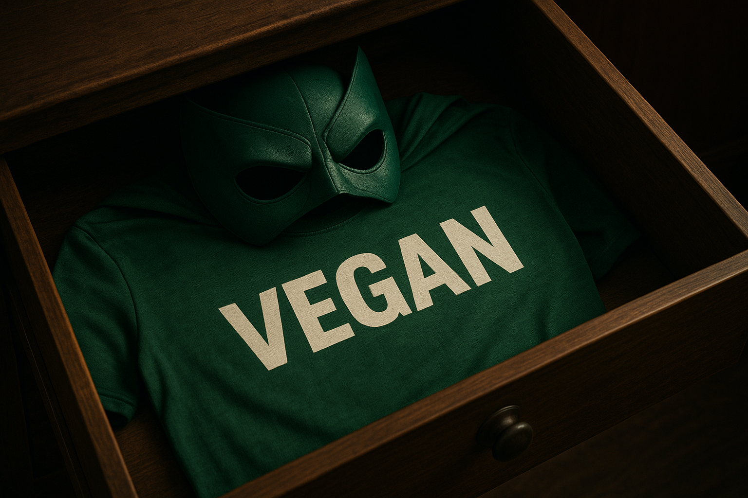 Green superhero mask and folded green shirt with 'VEGAN' text neatly placed inside a wooden drawer, symbolizing a hidden plant-based identity or lifestyle.