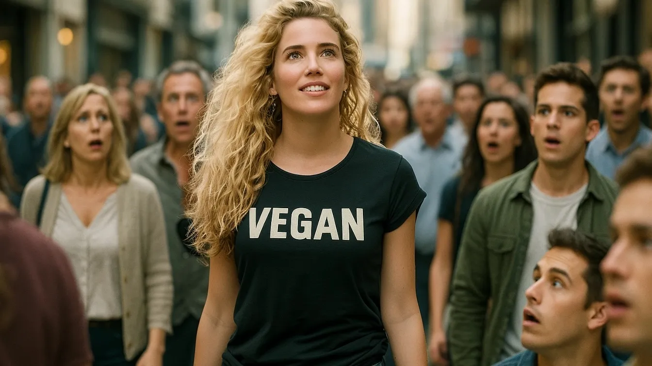 Confident woman wearing a black 'VEGAN' shirt walks through a crowded city street as astonished people look on, symbolizing empowerment and the impact of a plant-based lifestyle.