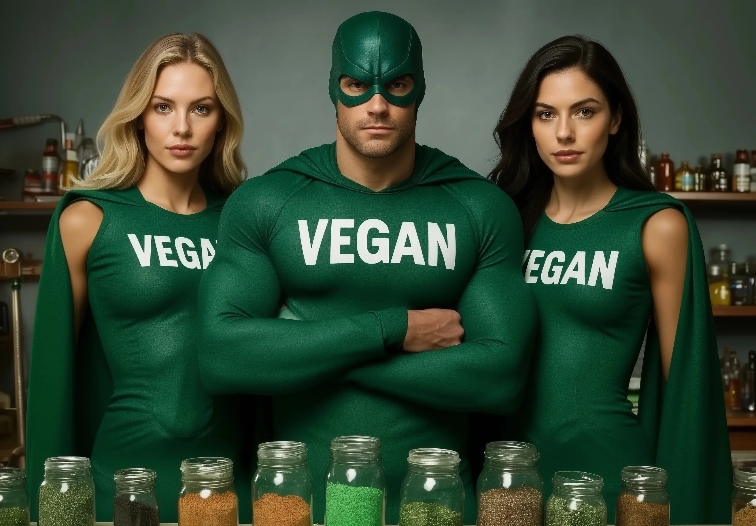 A polycule of three muscular superheroes in green costumes with the word 'VEGAN' boldly displayed on their chests stand confidently behind jars of plant-based powders, symbolizing strength and commitment to a vegan lifestyle.