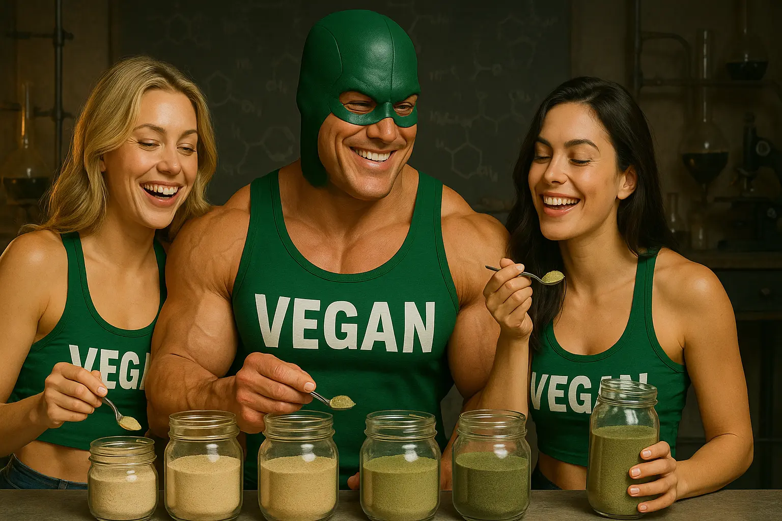 A polycule of smiling vegan superheroes in green tank tops enjoy spoonfuls of superfood powders from glass jars, highlighting the joy and energy of a plant-powered diet in a fun, science-lab setting.