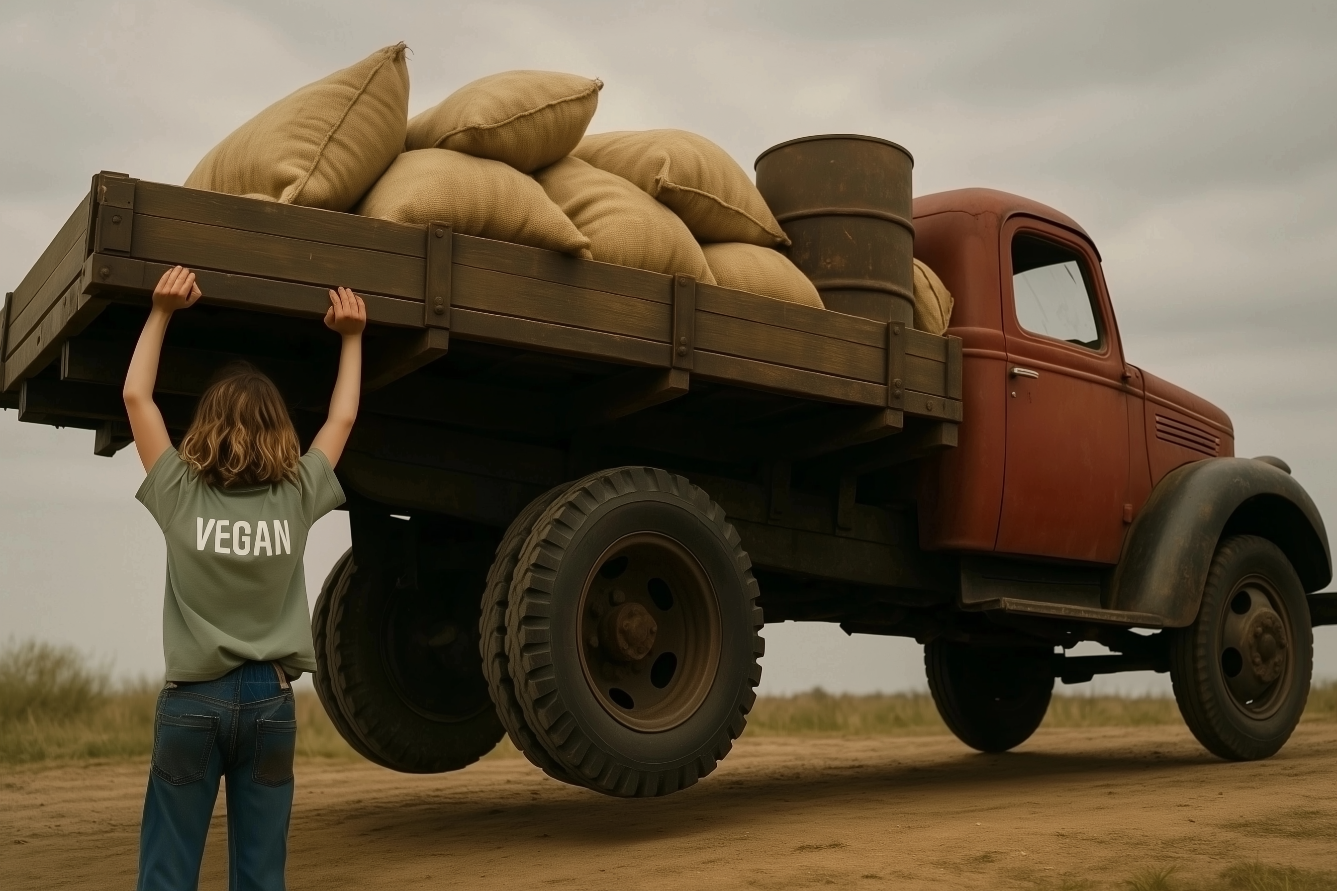 Superhero child wearing a green 'VEGAN' shirt lifts the back of a heavy red farm truck loaded with sacks and a barrel on a dirt road, symbolizing extraordinary strength fueled by a plant-based lifestyle.
