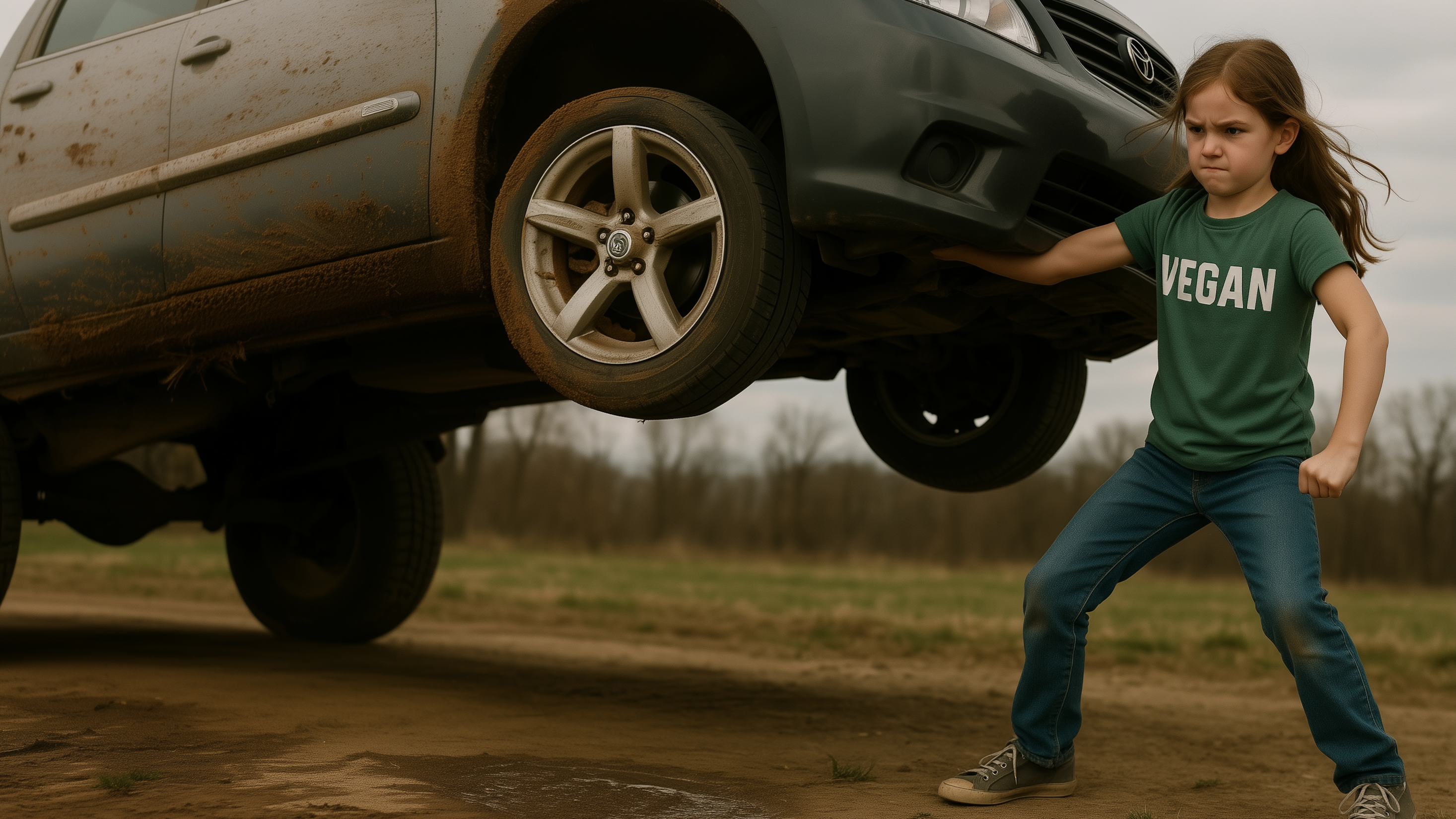 Young girl in a green 'VEGAN' shirt lifts the side of a muddy SUV with one hand in a grassy outdoor setting, displaying superhuman plant-based strength and determination.