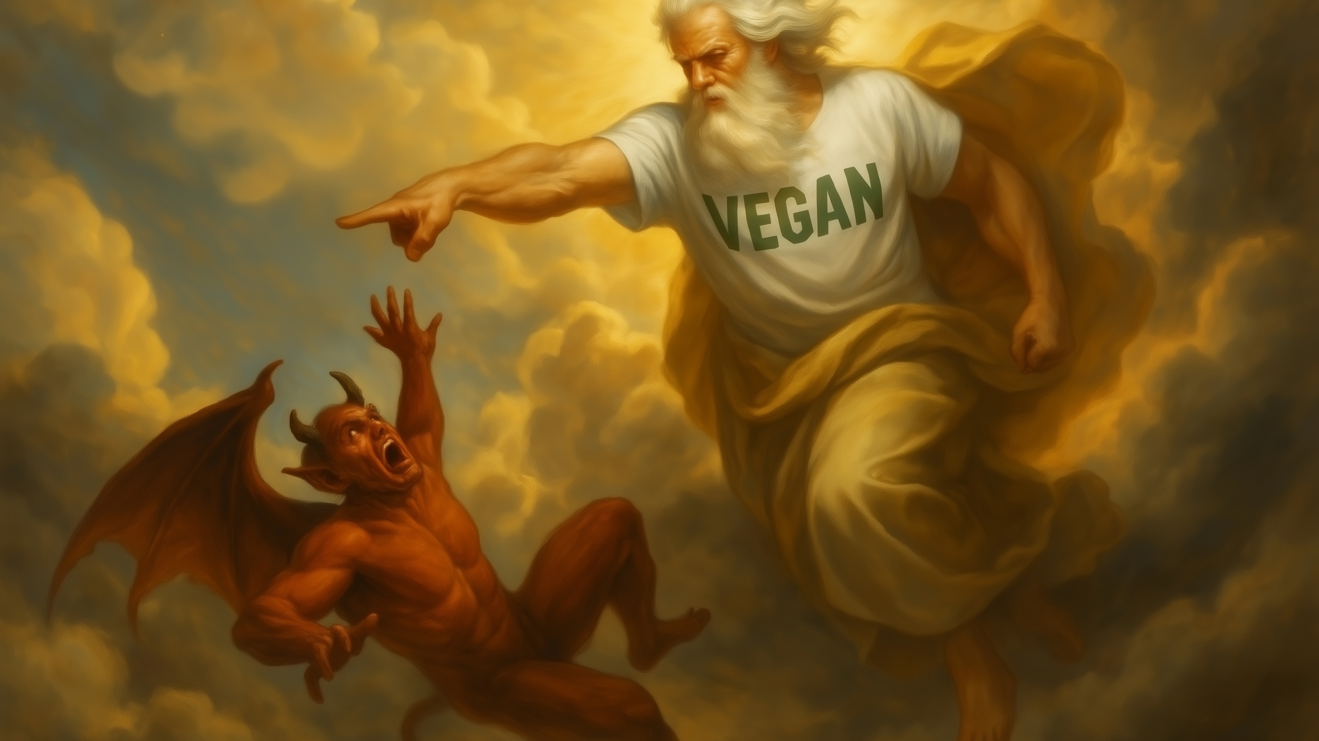 Dramatic painting-style image of the powerful, bearded figure of God in a white 'VEGAN' shirt pointing forcefully at a terrified red demon, set against a backdrop of glowing golden clouds, symbolizing divine judgment and plant-based righteousness.