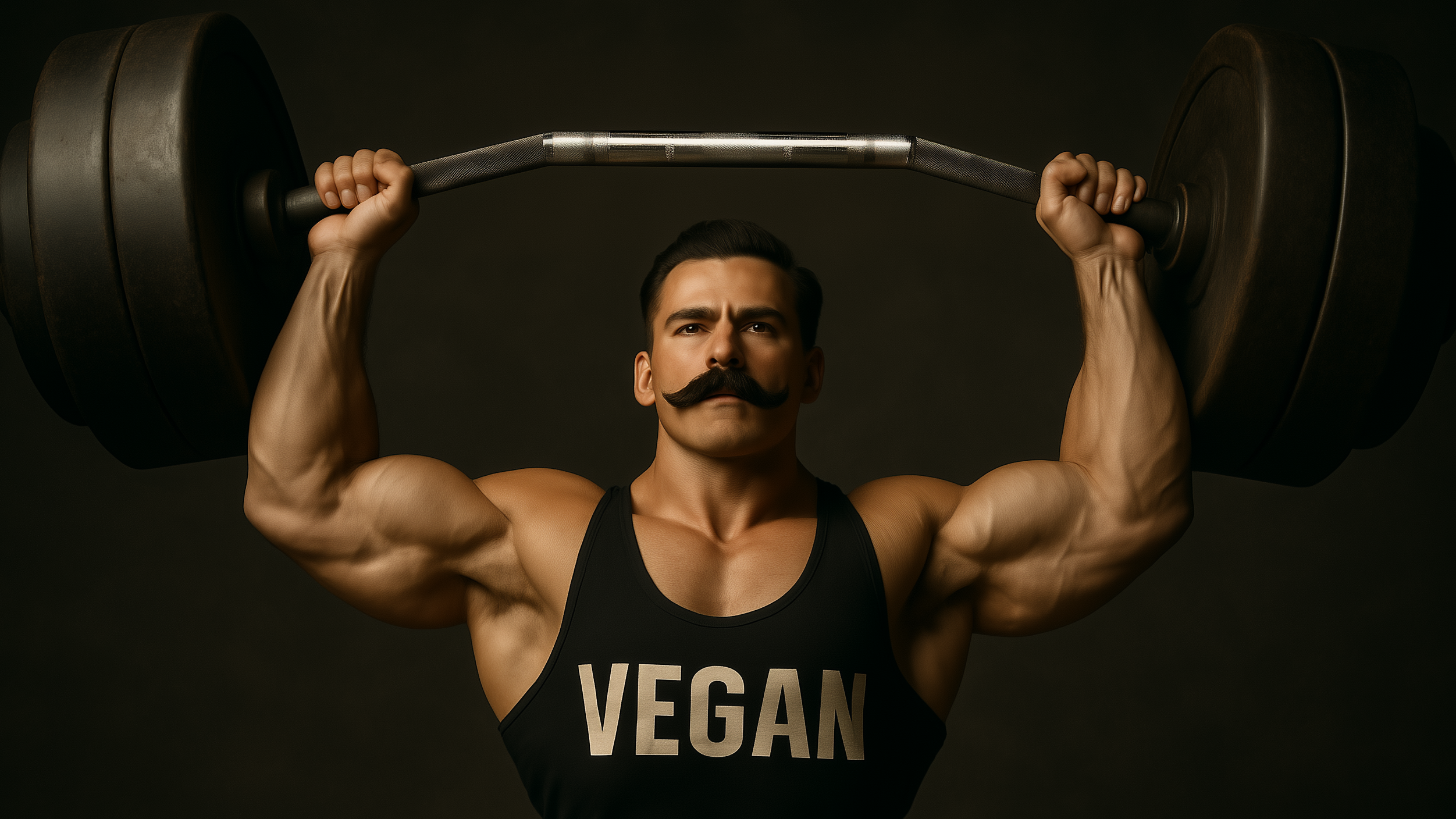 Vintage-style strongman with a thick mustache wearing a black 'VEGAN' tank top lifts a heavy barbell overhead, showcasing plant-based power and classic strength aesthetics.