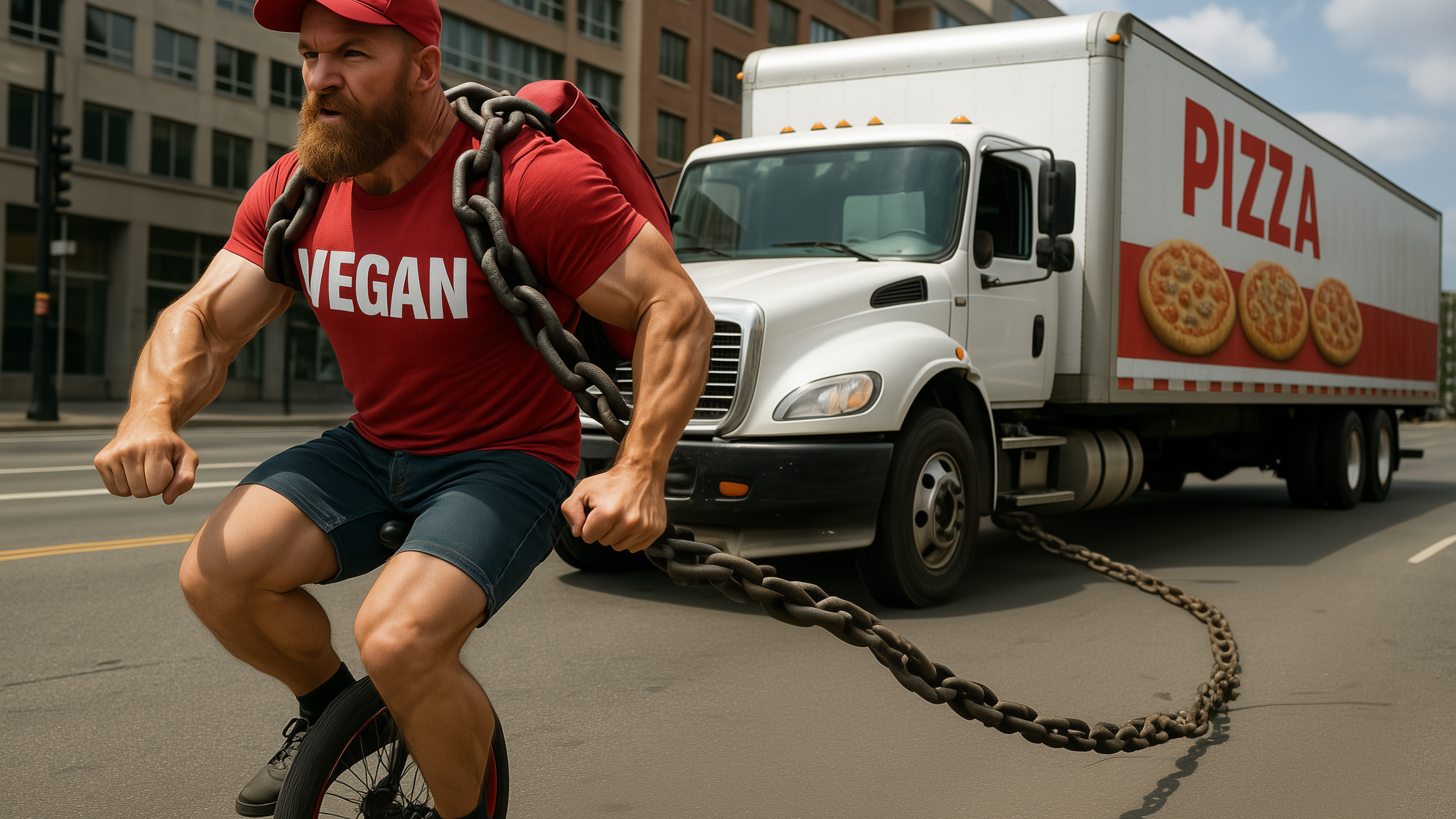 Muscular man in a red 'VEGAN' shirt pulls a large pizza delivery truck with heavy chains while riding a unicycle on a city street, showcasing extreme plant-based strength and endurance.