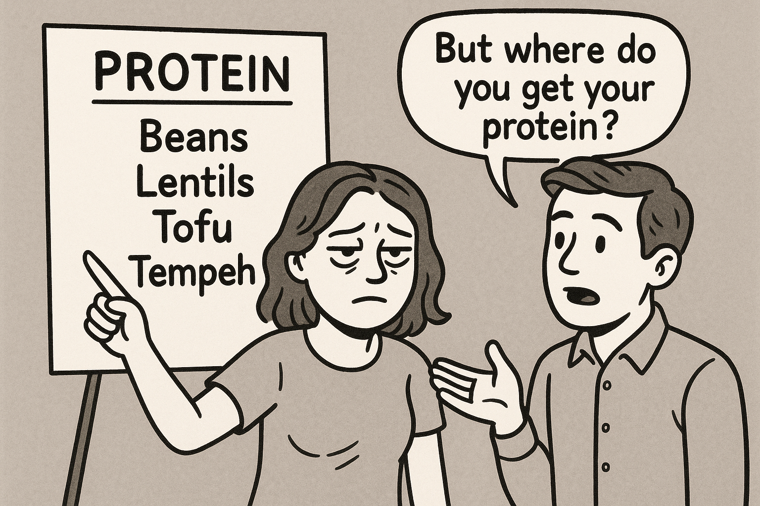 Vegan pointing at protein sources sign while someone asks where do you get your protein