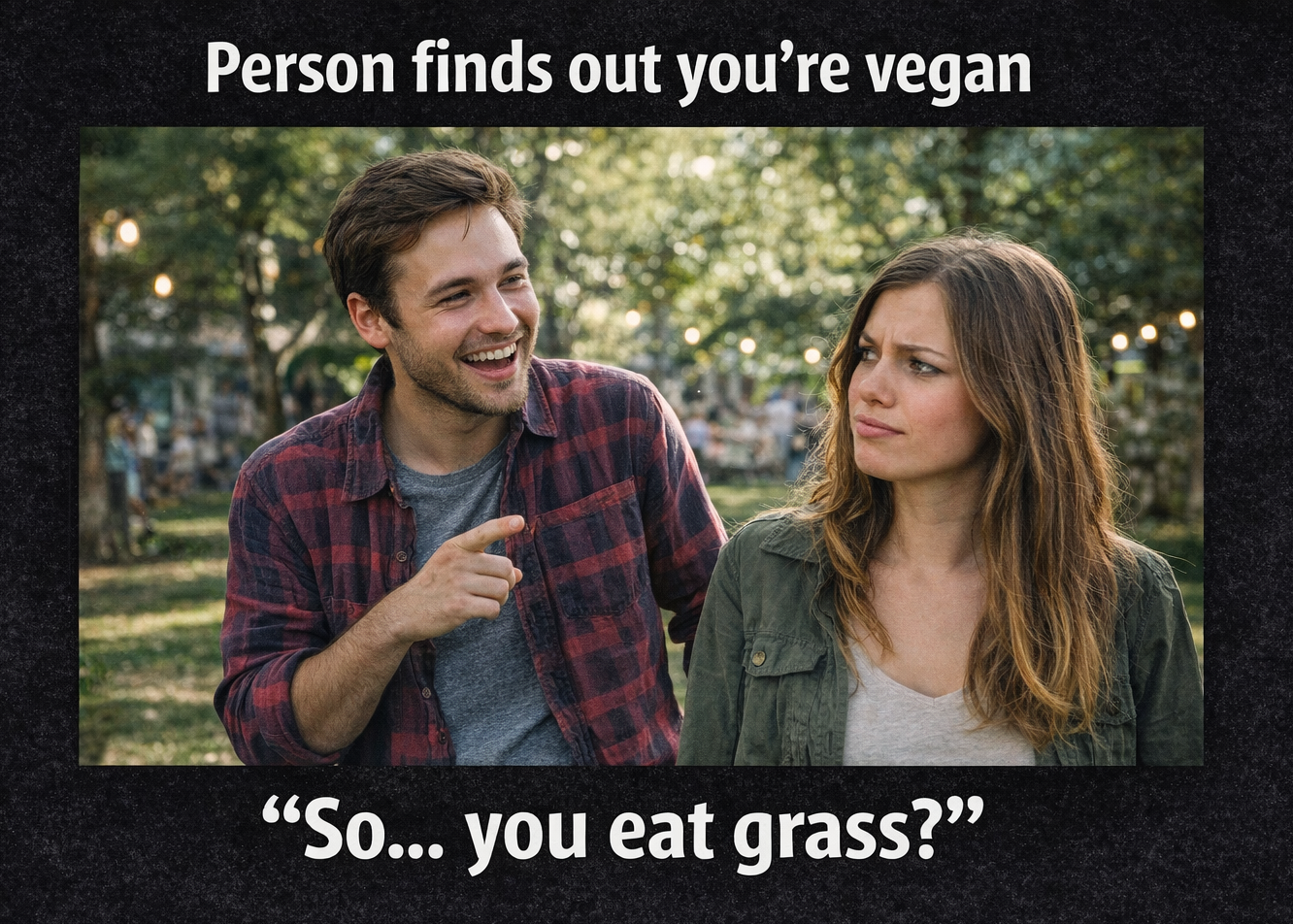 Person asks vegan so you eat grass with deadpan reaction
