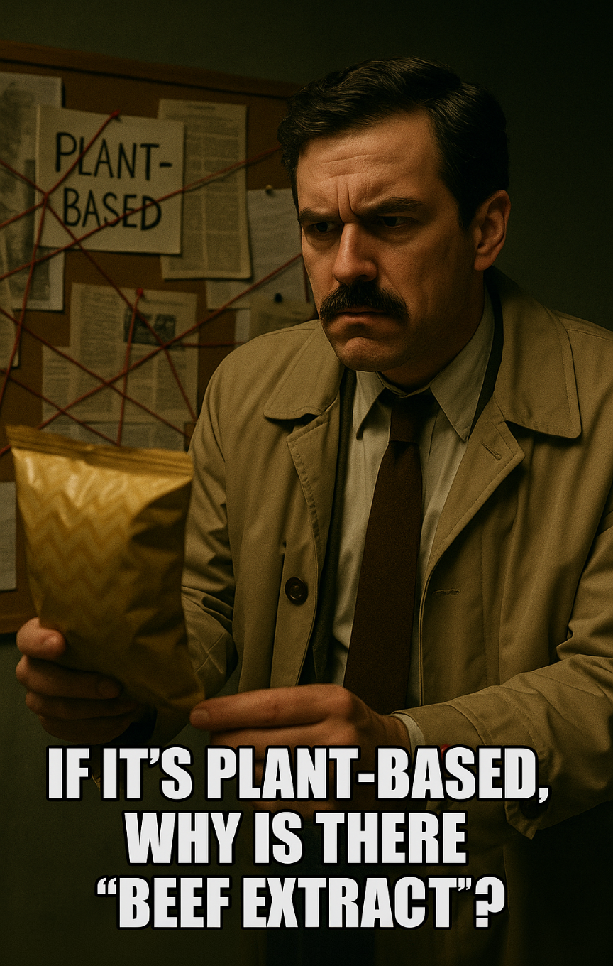 Vegan detective investigating why plant-based product has beef extract